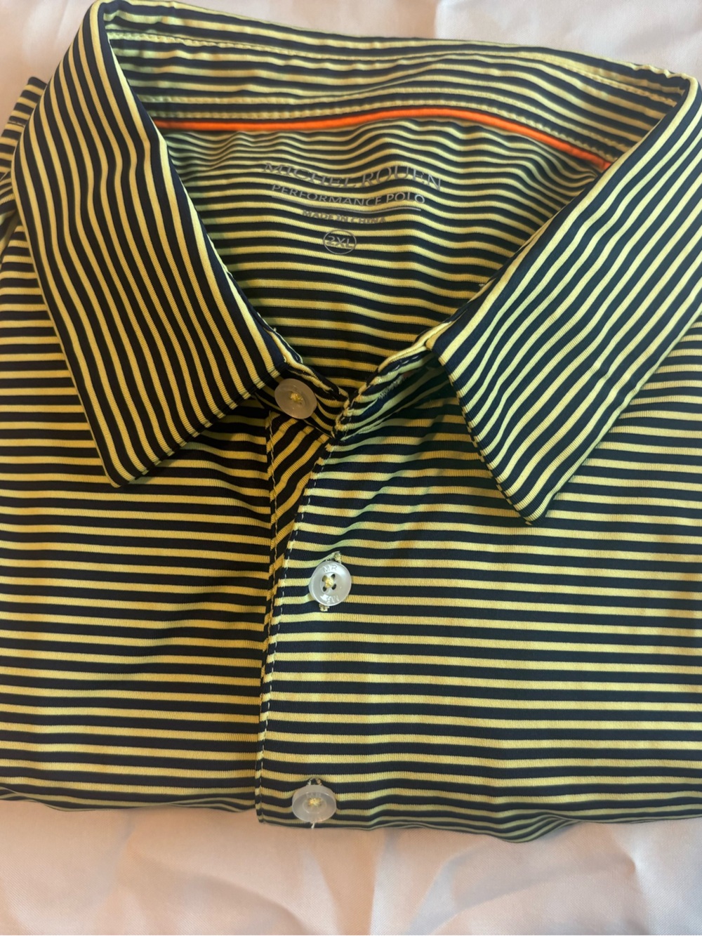 Michel Rouen Mens 2XL Striped Performance Golf Polo Shirt Yellow Blue Stretch